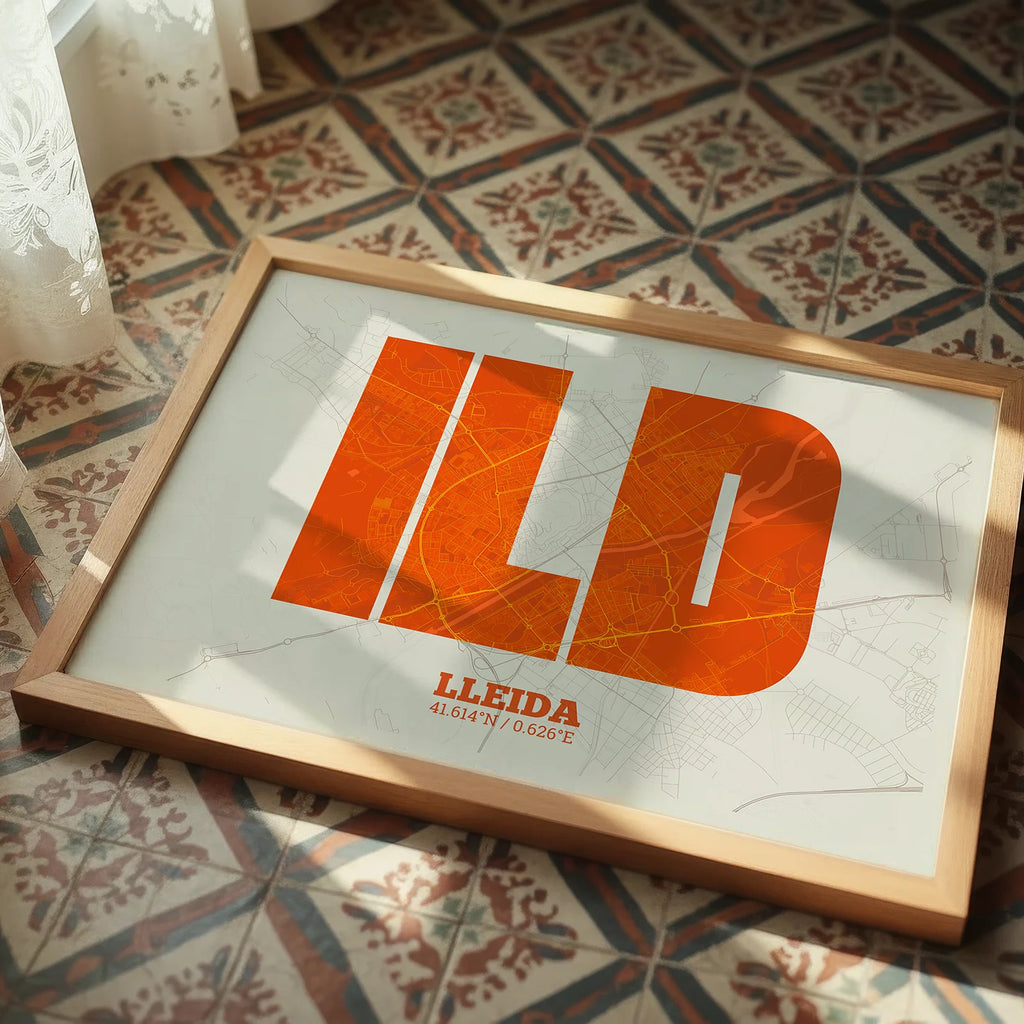 Modern interior design with a Lleida in Super Bold design, a typographic poster where the city map is overlaid with extra-thick lettering for a modern, high-impact look designed in orange and an off-white background, displayed on a living room wall