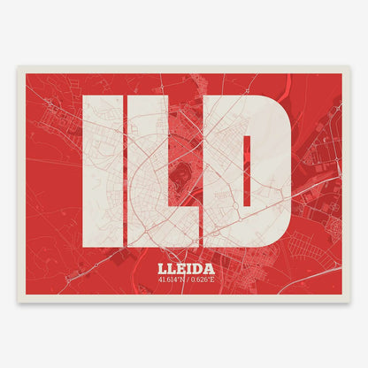 The map of Lleida composed with letters in a heavy geometric font printed on red and an off-white background