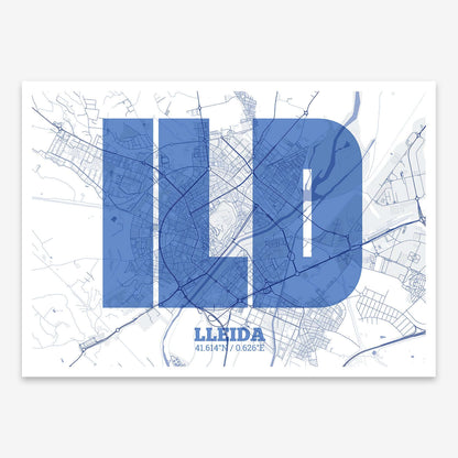 The map of Lleida composed with letters in a heavy geometric font printed on navy blue and white
