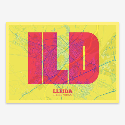 The map of Lleida composed with letters in a heavy geometric font printed on yellow and fuchsia