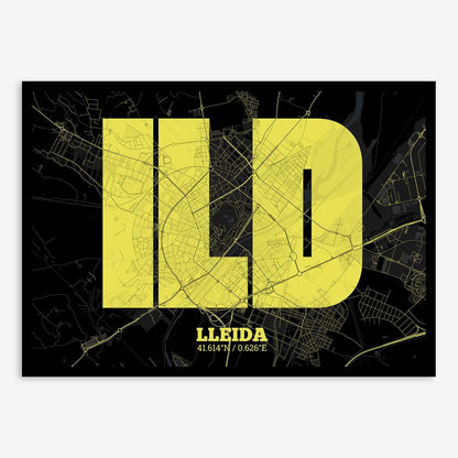 The map of Lleida composed with letters in a heavy geometric font printed on black and yellow