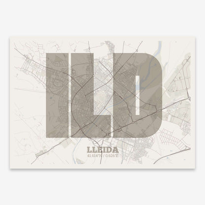 The map of Lleida composed with letters in a heavy geometric font printed on light brown and an off-white background