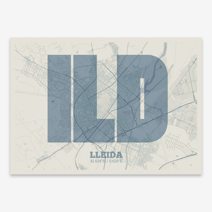 The map of Lleida composed with letters in a heavy geometric font printed on bluish gray and an off-white background
