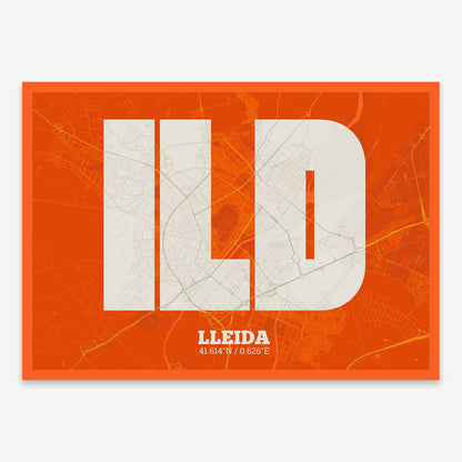 The map of Lleida composed with letters in a heavy geometric font printed on orange and an off-white background