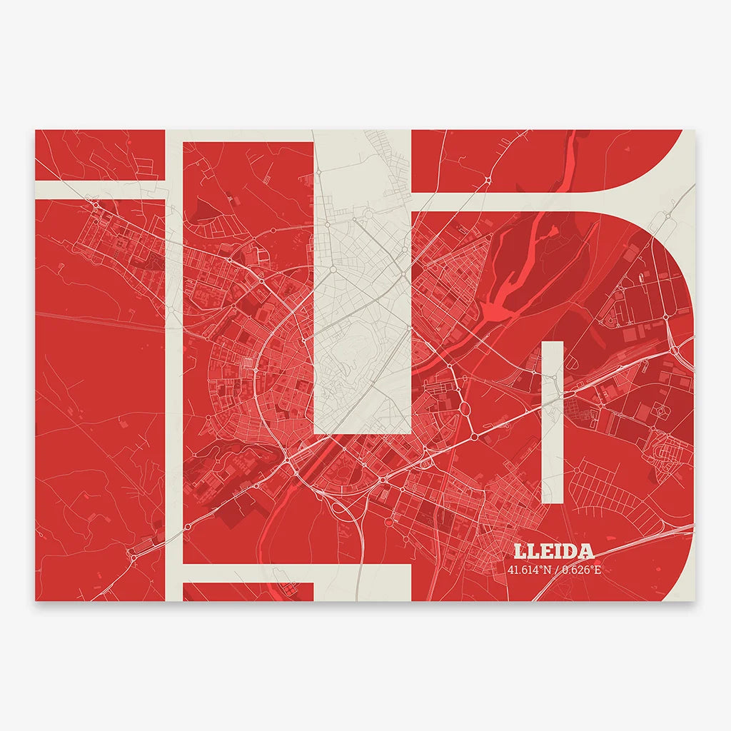 The map of Lleida in Inseparable design, featuring the city's abbreviation in expressive typography over a detailed urban map designed in red and an off-white background