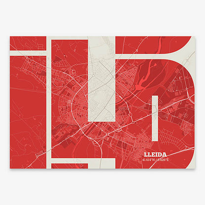 Poster of Lleida composed with letters from its abbreviation or its airport IATA code printed on red and an off-white background