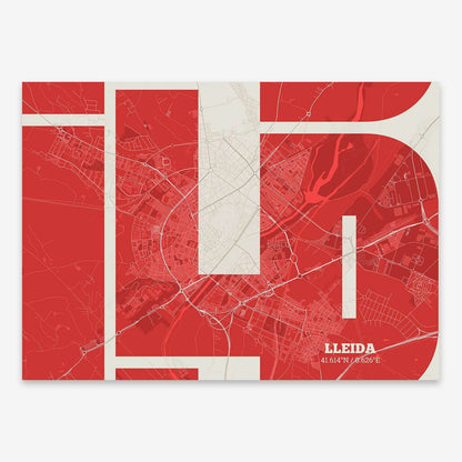 The map of Lleida composed with letters from its name or IATA code printed on red and an off-white background