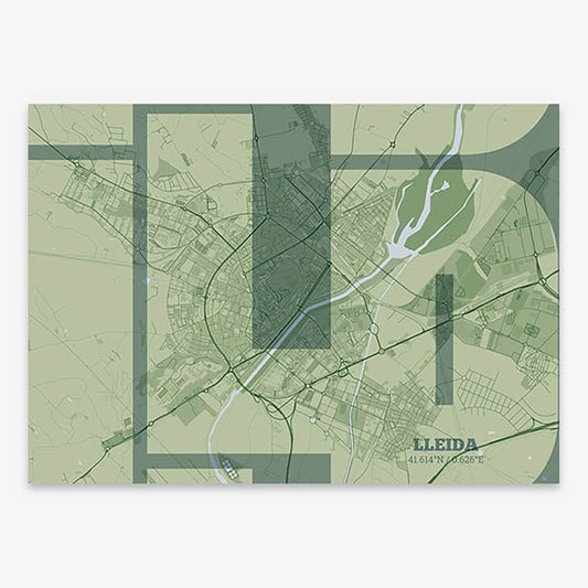 Poster of Lleida composed with letters from its abbreviation or its airport IATA code printed on two green tones
