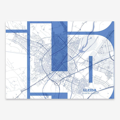 The map of Lleida composed with letters from its name or IATA code printed on navy blue and white