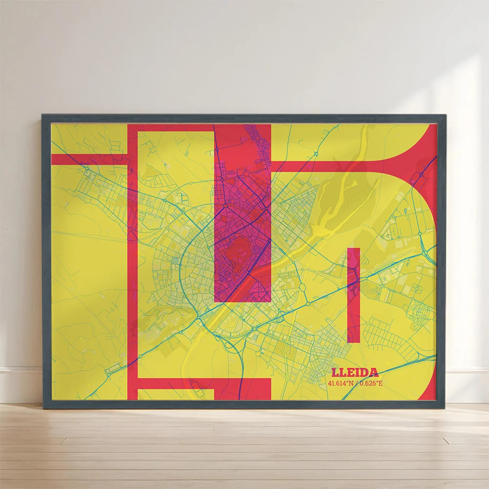 Framed Lleida in Inseparable design, featuring the city's abbreviation in expressive typography over a detailed urban map designed in yellow and fuchsia with no border edge-to-edge print leaning against a wall