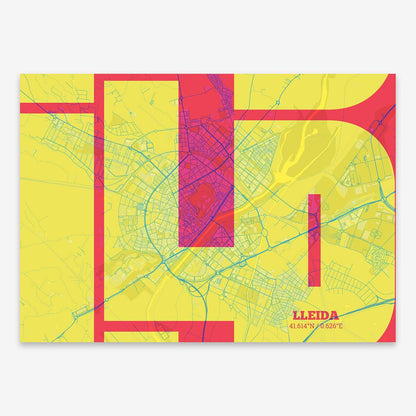 The map of Lleida composed with letters from its name or IATA code printed on yellow and fuchsia