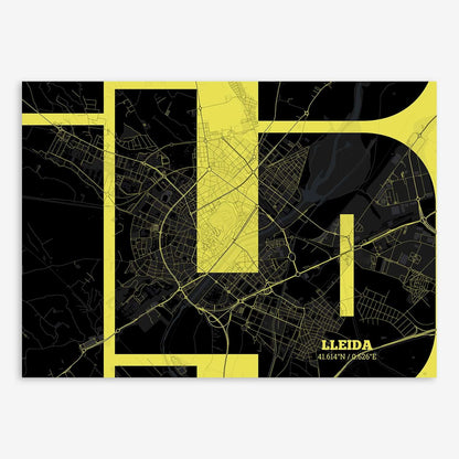 The map of Lleida composed with letters from its name or IATA code printed on black and yellow