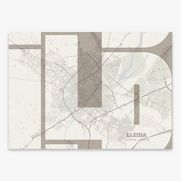 Poster of Lleida composed with letters from its abbreviation or its airport IATA code printed on light brown and an off-white background