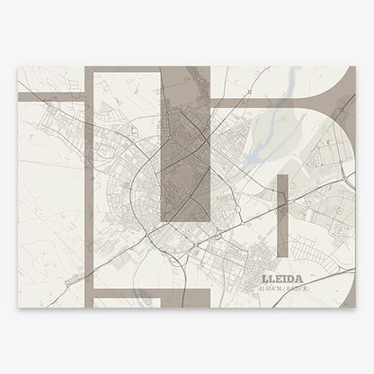 Poster of Lleida composed with letters from its abbreviation or its airport IATA code printed on light brown and an off-white background