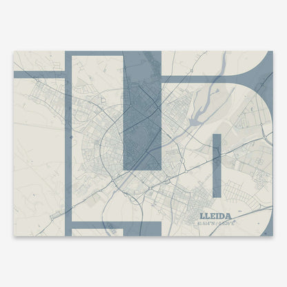 The map of Lleida composed with letters from its name or IATA code printed on bluish gray and an off-white background