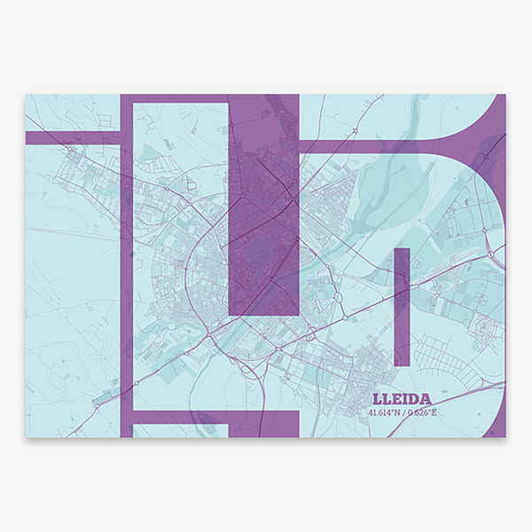 Poster of Lleida composed with letters from its abbreviation or its airport IATA code printed on purple and light blue