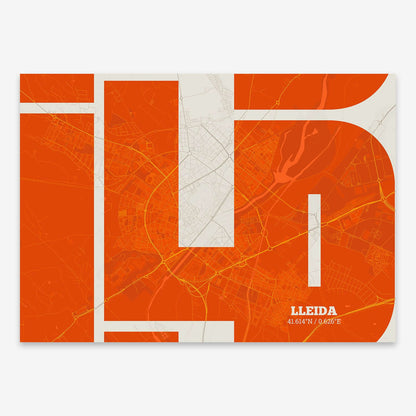 The map of Lleida composed with letters from its name or IATA code printed on orange and an off-white background