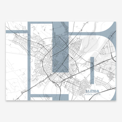 The map of Lleida composed with letters from its name or IATA code printed on black and white