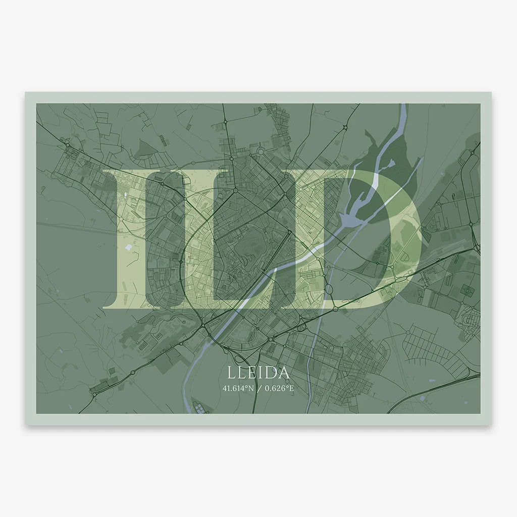 Decorative map of Lleida composed with letters in serif font printed on two green tones