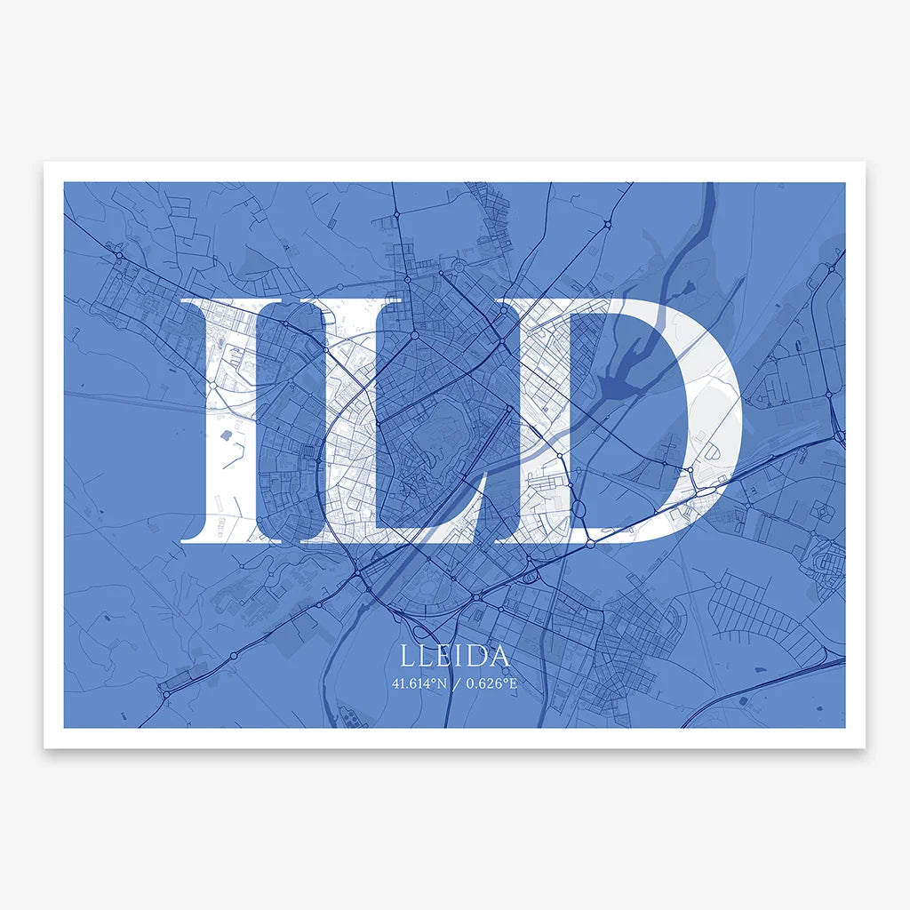 Decorative map of Lleida composed with letters in serif font printed on navy blue and white