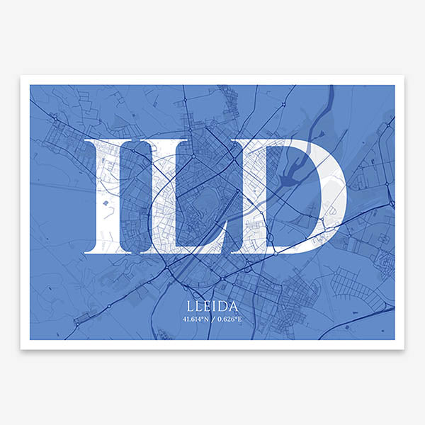 Decorative map of Lleida composed with letters in serif font printed on navy blue and white