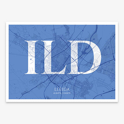 Decorative map of Lleida composed with letters in serif font printed on navy blue and white