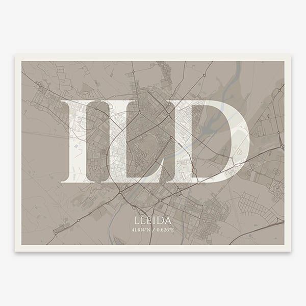 Decorative map of Lleida composed with letters in serif font printed on light brown and an off-white background