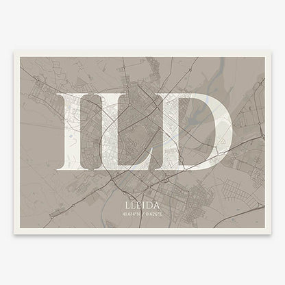 Decorative map of Lleida composed with letters in serif font printed on light brown and an off-white background