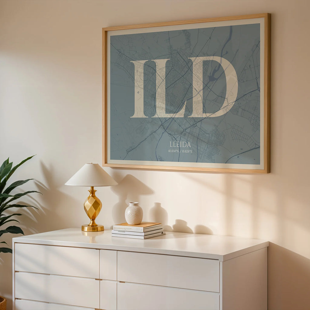 Modern interior design with a Lleida in Classic design, inspired by chiseled typography with an elegant font that creates a beautiful visual contrast designed in bluish gray and an off-white background, displayed on a living room wall
