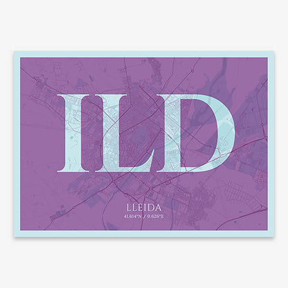 Decorative map of Lleida composed with letters in serif font printed on purple and light blue