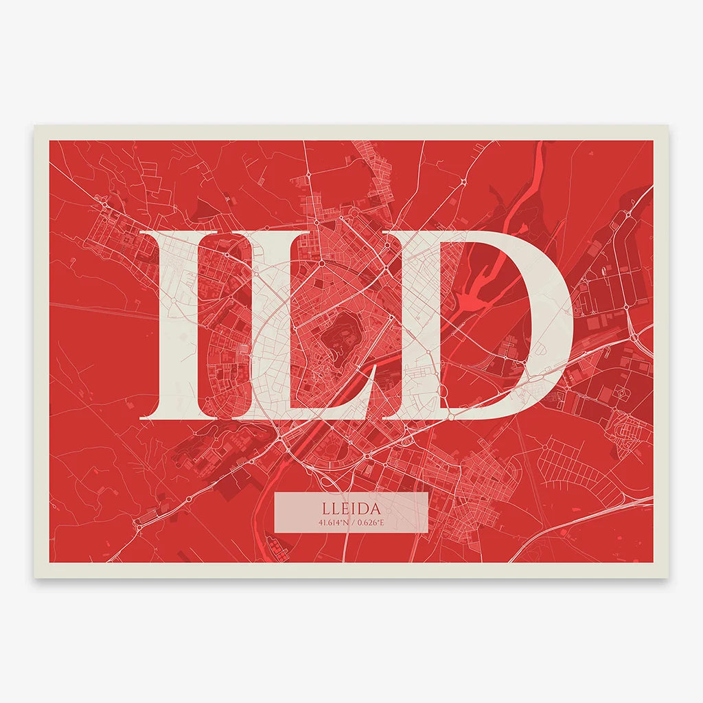 Decorative map of Lleida composed with letters in serif font printed on red and an off-white background
