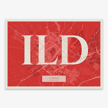 Decorative map of Lleida composed with letters in serif font printed on red and an off-white background