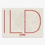 Poster of Lleida composed with letters in extra light font printed on red and an off-white background