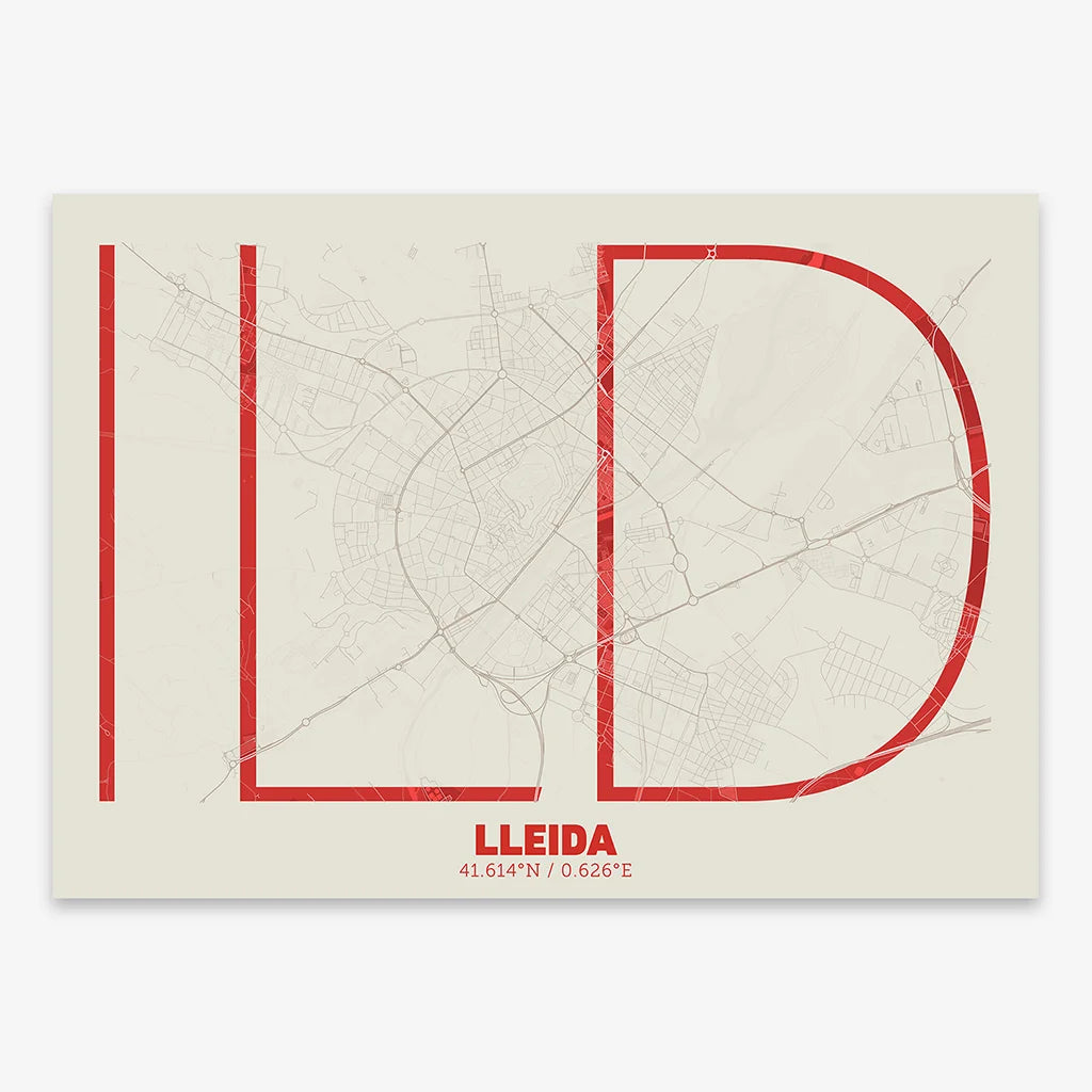 Poster of Lleida composed with letters in extra light font printed on red and an off-white background