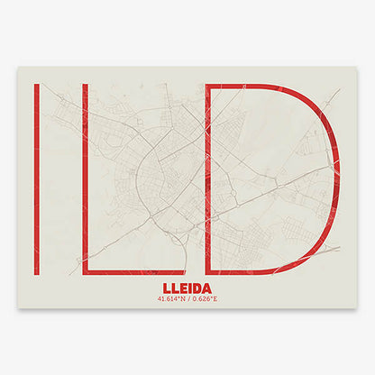 Poster of Lleida composed with letters in extra light font printed on red and an off-white background