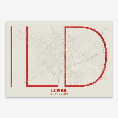 The map of Lleida composed with letters in extra light font printed on red and an off-white background