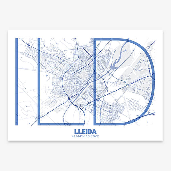 Poster of Lleida composed with letters in extra light font printed on navy blue and white