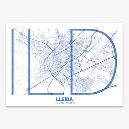 Poster of Lleida composed with letters in extra light font printed on navy blue and white