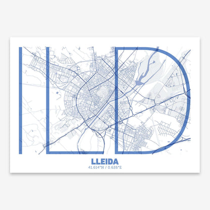 The map of Lleida composed with letters in extra light font printed on navy blue and white