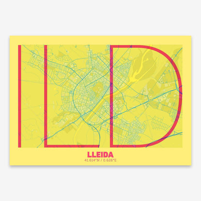 The map of Lleida composed with letters in extra light font printed on yellow and fuchsia