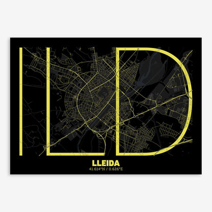 The map of Lleida composed with letters in extra light font printed on black and yellow