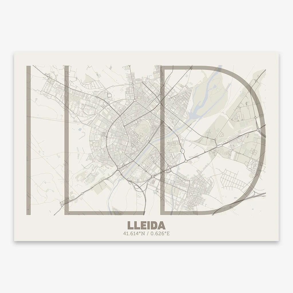 Poster of Lleida composed with letters in extra light font printed on light brown and an off-white background