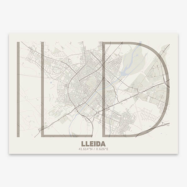 Poster of Lleida composed with letters in extra light font printed on light brown and an off-white background