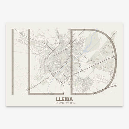 Poster of Lleida composed with letters in extra light font printed on light brown and an off-white background