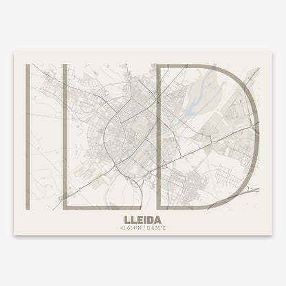 The map of Lleida composed with letters in extra light font printed on light brown and an off-white background