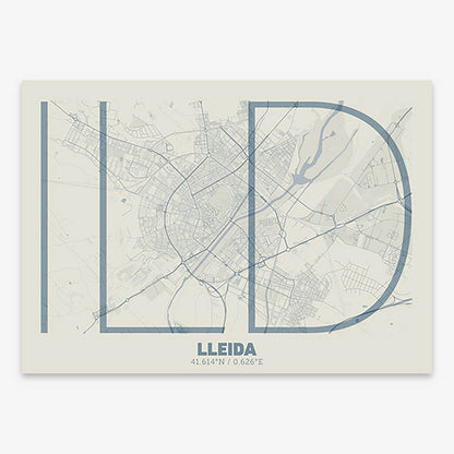 Poster of Lleida composed with letters in extra light font printed on bluish gray and an off-white background