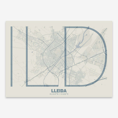 The map of Lleida composed with letters in extra light font printed on bluish gray and an off-white background
