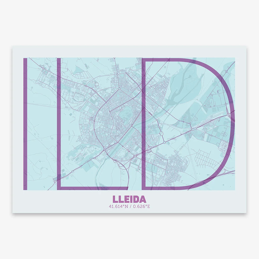 Poster of Lleida composed with letters in extra light font printed on purple and light blue