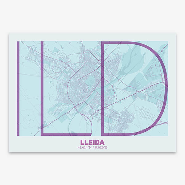 Poster of Lleida composed with letters in extra light font printed on purple and light blue