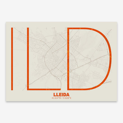 The map of Lleida composed with letters in extra light font printed on orange and an off-white background